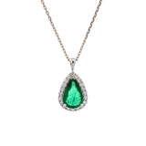 18K White Gold Pear Cut Emerald And Diamond Halo Pendant With 18 Inch Cable Chain