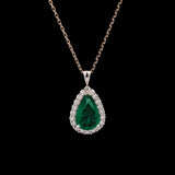18K White Gold Pear Cut Emerald And Diamond Halo Pendant With 18 Inch Cable Chain