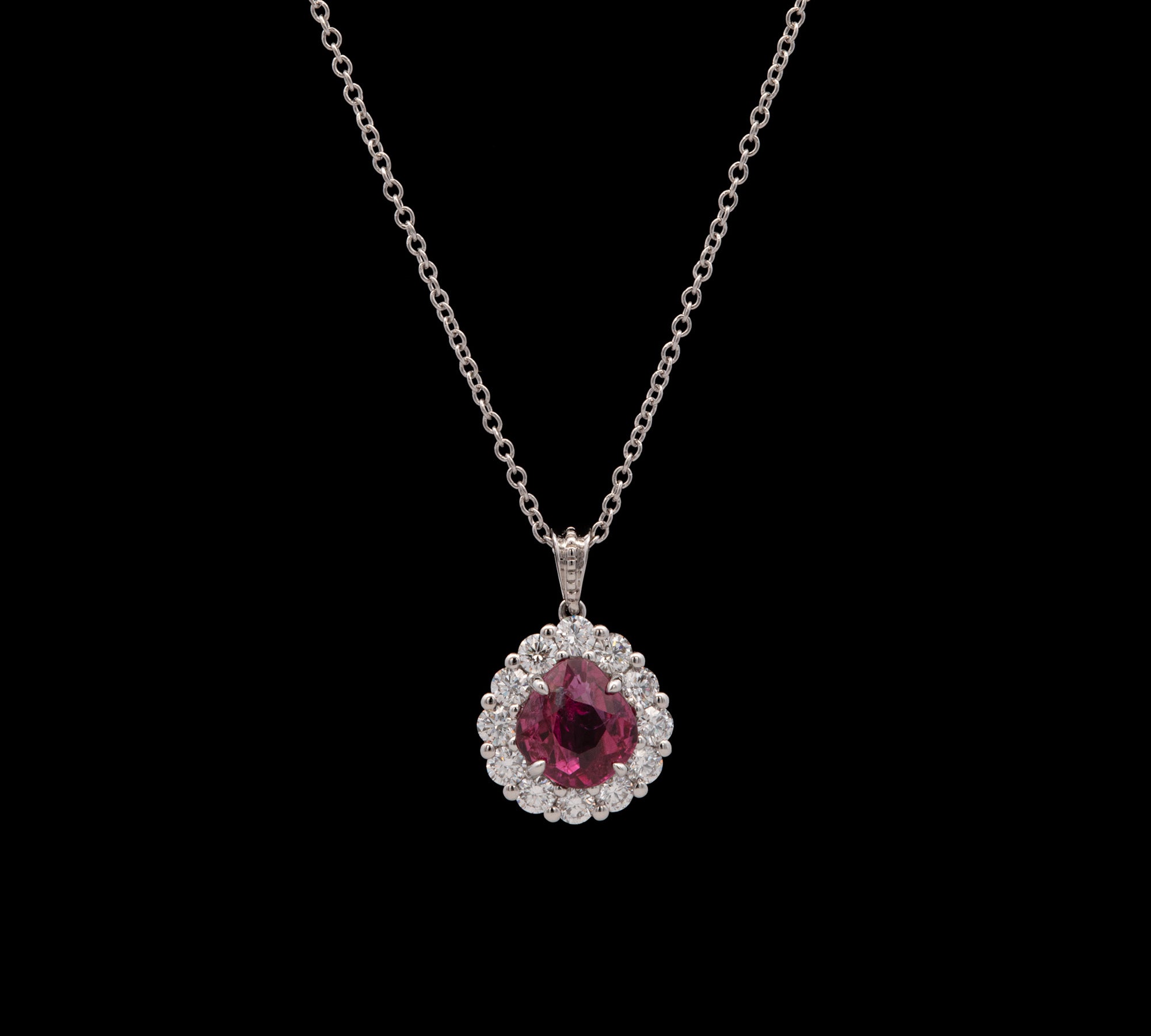 Platinum Burma Ruby And Diamond Cluster Pendant With 18 Inch Cable Chain