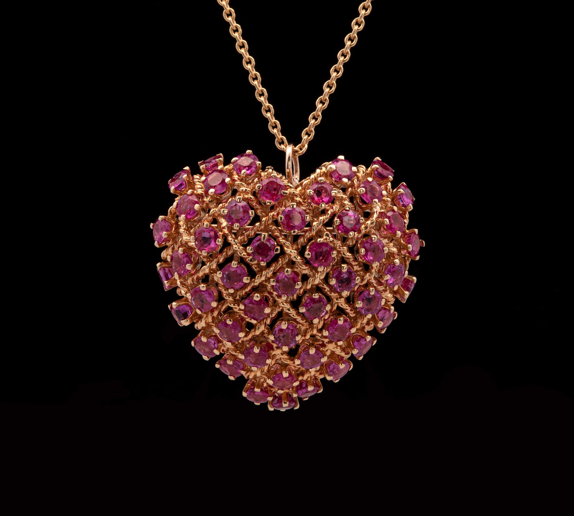 18K Yellow Gold Tiffany & Co. Ruby Puffed Heart Pendant Pin With 18 Inch Cable Chain