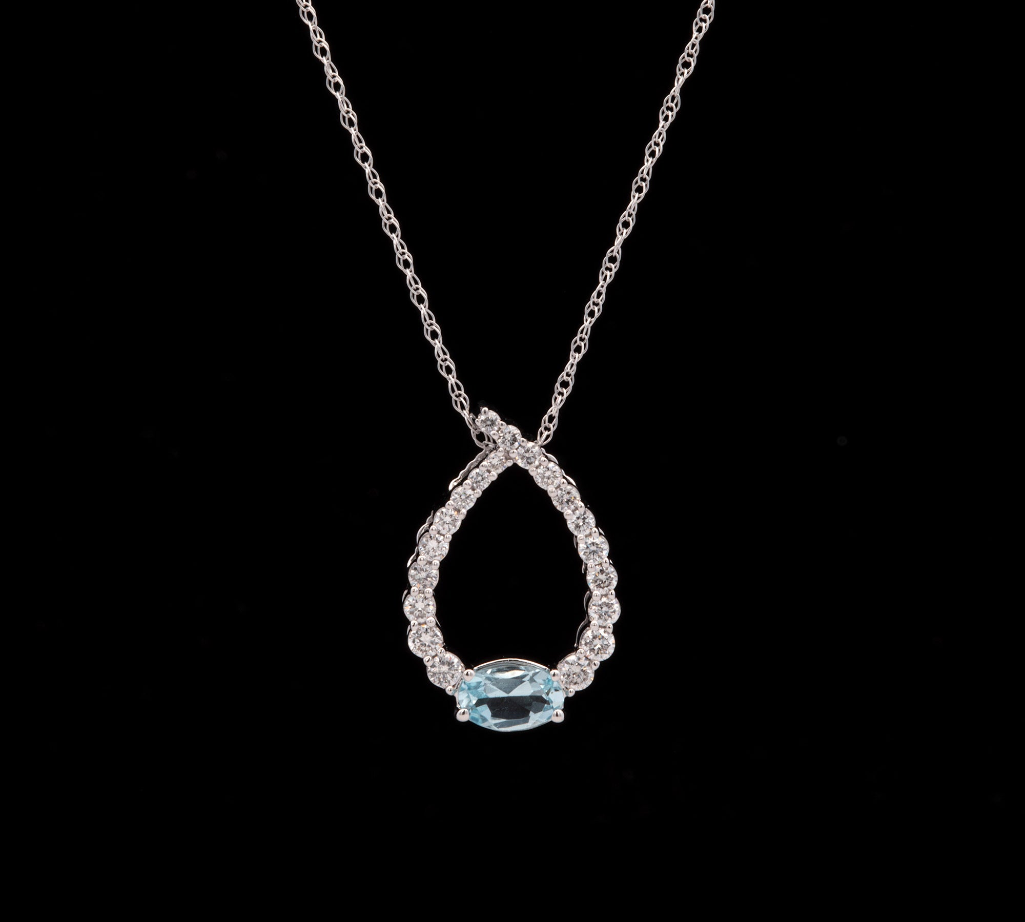14K White Gold Oval Aquamarine And Diamond Teardrop Shaped Pendant With 18 Inch Chain