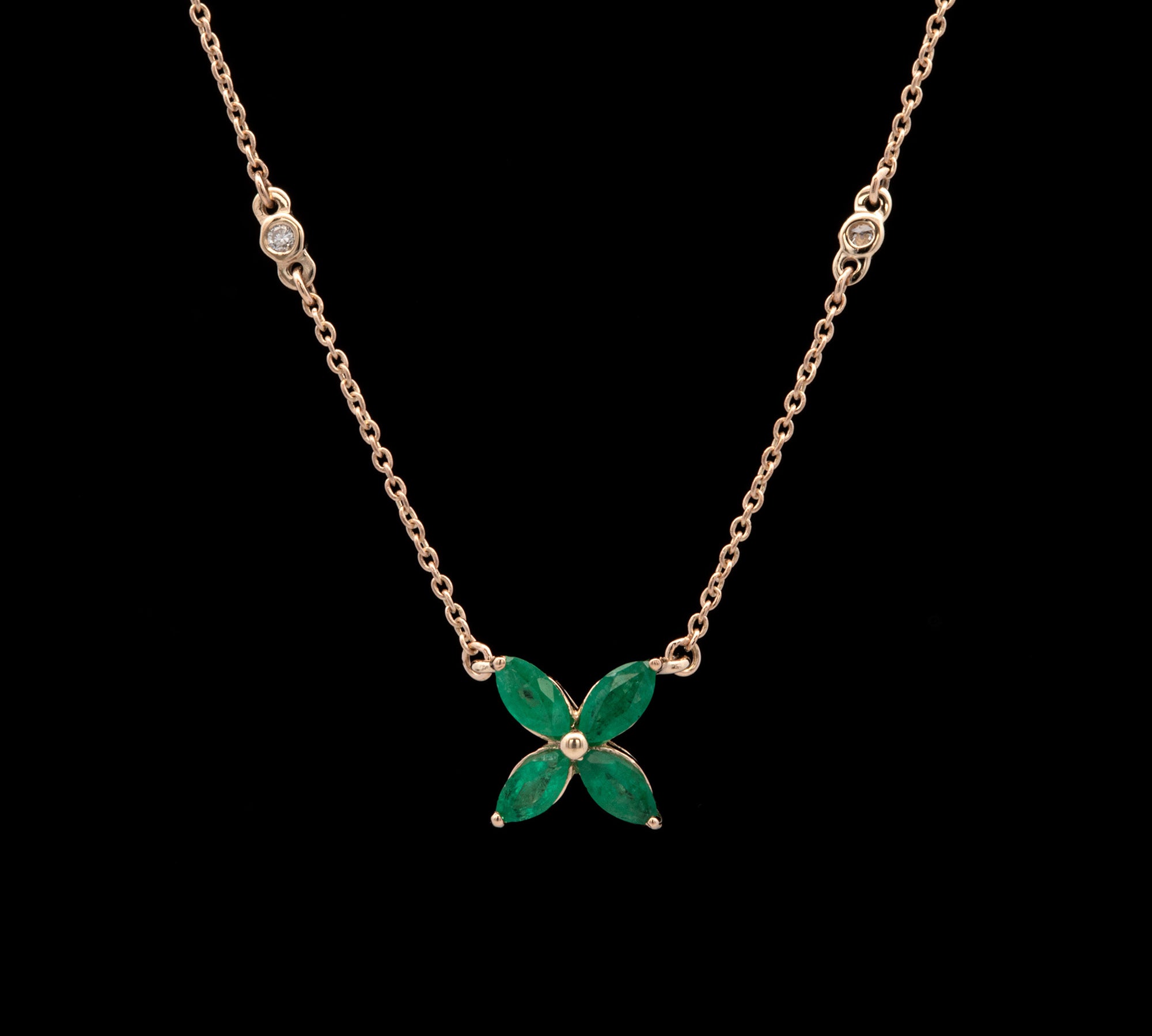 14K White Gold Emerald Necklace With Diamond Stations, 18 Inches
