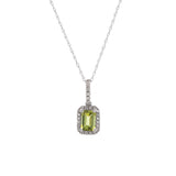 14K White Gold Emerald Cut Peridot And Diamond Halo Pendant With 18 Inch Chain