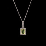 14K White Gold Emerald Cut Peridot And Diamond Halo Pendant With 18 Inch Chain