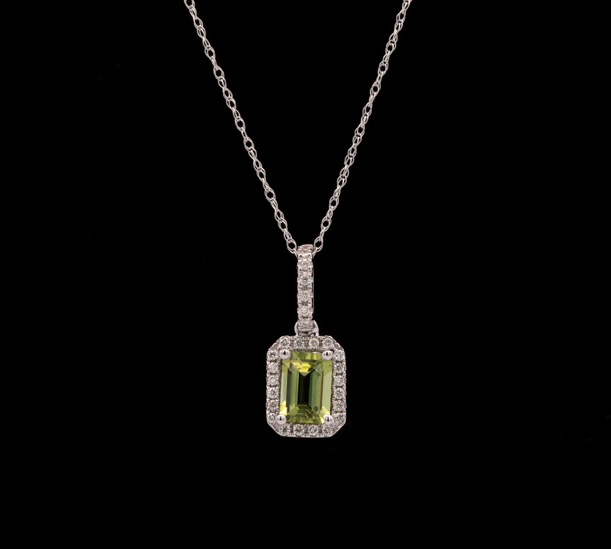 14K White Gold Emerald Cut Peridot And Diamond Halo Pendant With 18 Inch Chain