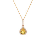 14K Yellow Gold Pear Cut Yellow Sapphire And Diamond Halo Pendant With 18 Inch Sparkle Chain