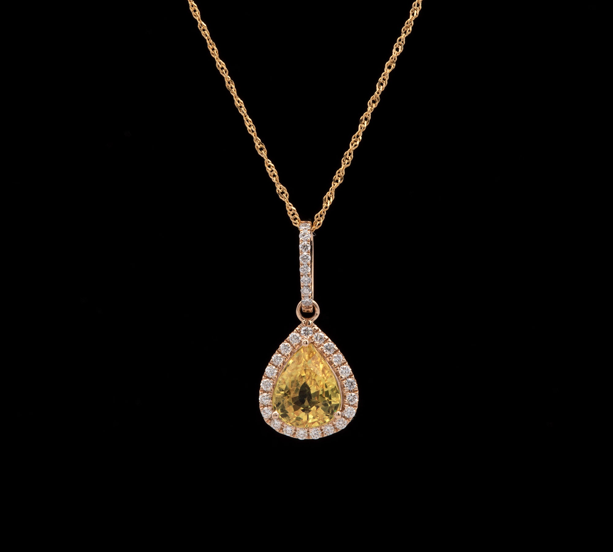 14K Yellow Gold Pear Cut Yellow Sapphire And Diamond Halo Pendant With 18 Inch Sparkle Chain