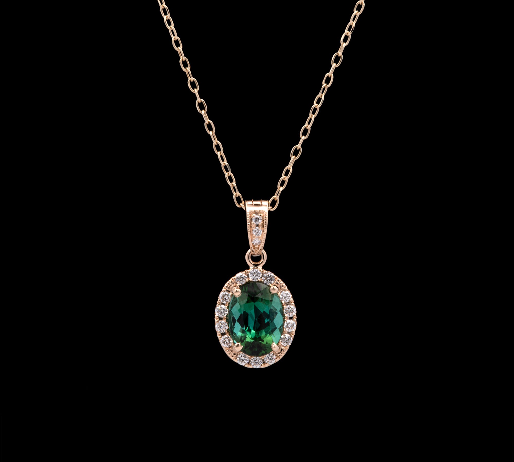 14K Yellow Gold Green Tourmaline And Diamond Halo Pendant With 18 Inch Diamond Cut Cable Chain With Spring Ring