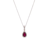 14K White Gold Ruby And Diamond Halo Pendant With 18 Inch Wheat Chain