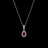 14K White Gold Ruby And Diamond Halo Pendant With 18 Inch Wheat Chain