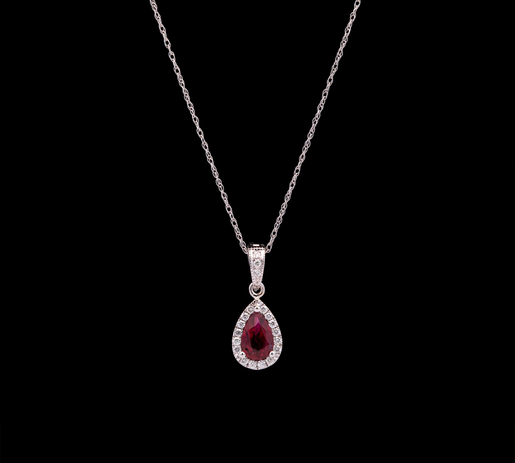 14K White Gold Ruby And Diamond Halo Pendant With 18 Inch Wheat Chain