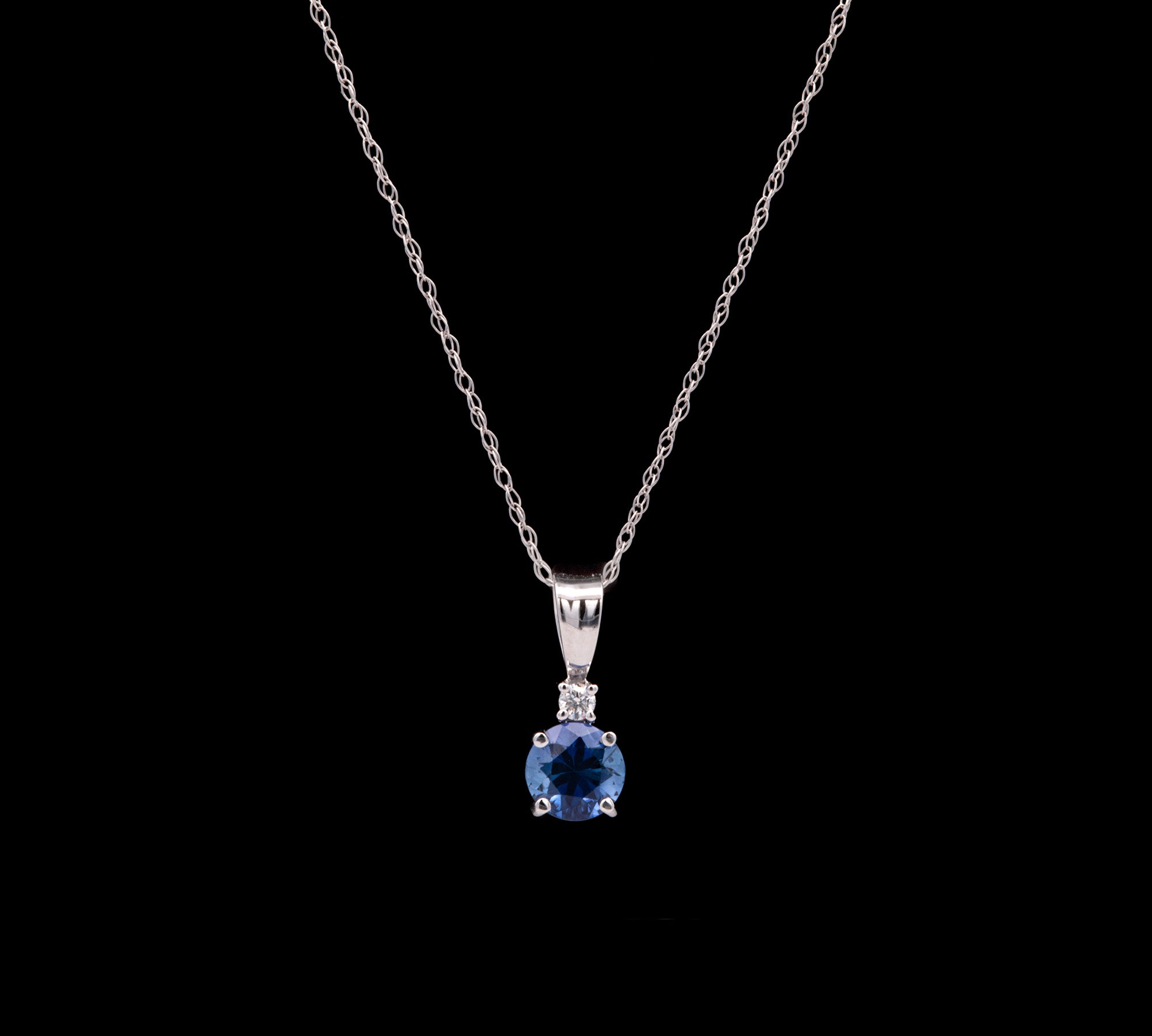 14K White Gold Ceylon Sapphire And Diamond Pendant With 18 Inch Singapore Sparkle Chain
