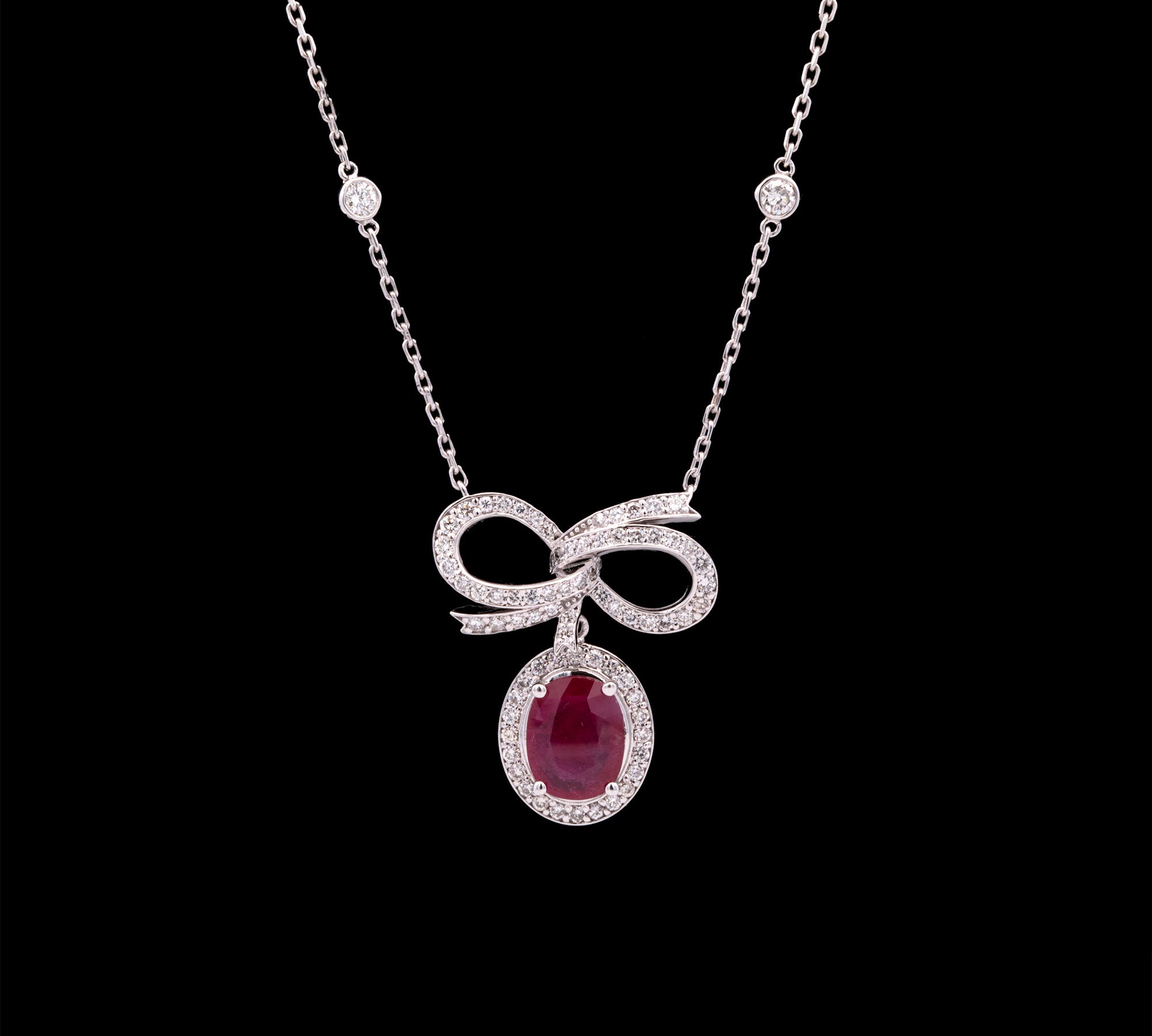 18K White Gold Ruby And Diamond Necklace 16 Inches