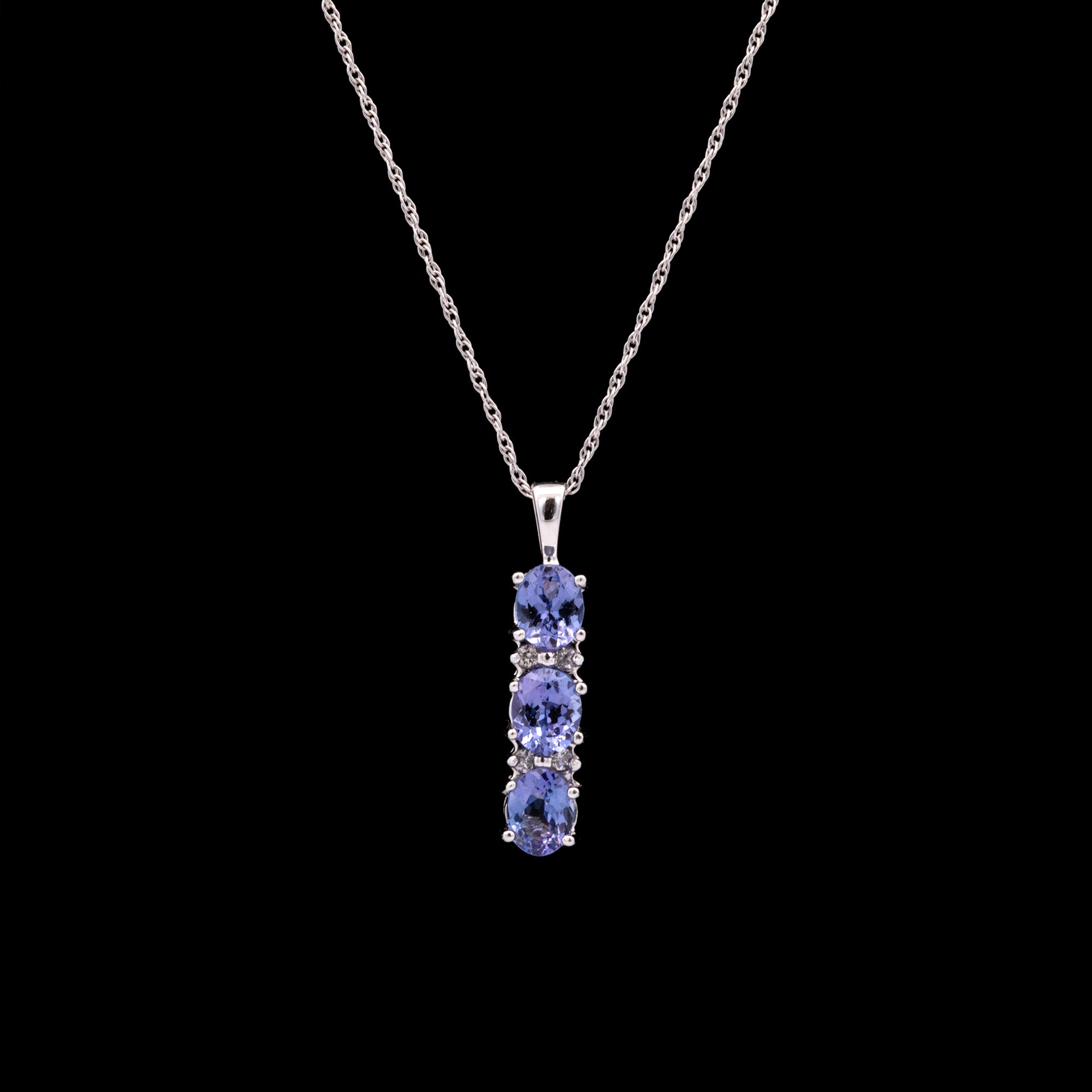 14K White Gold Three Stone Tanzanite Pendant With Diamond Accents And 18  Inch Chain