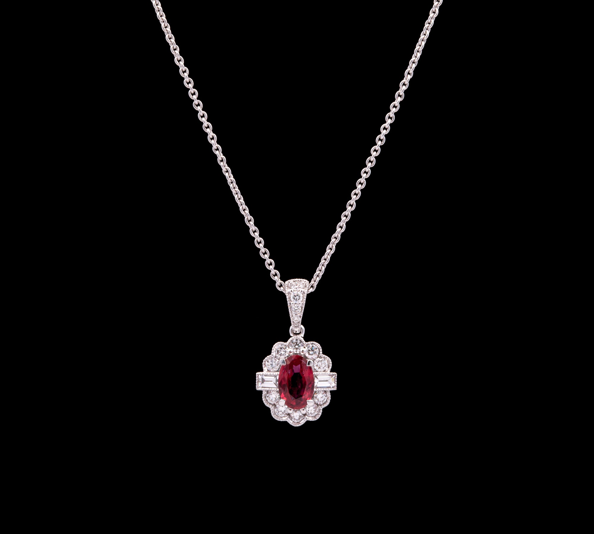 18K White Gold Oval Ruby And Diamond Halo Necklace, 16 Inches