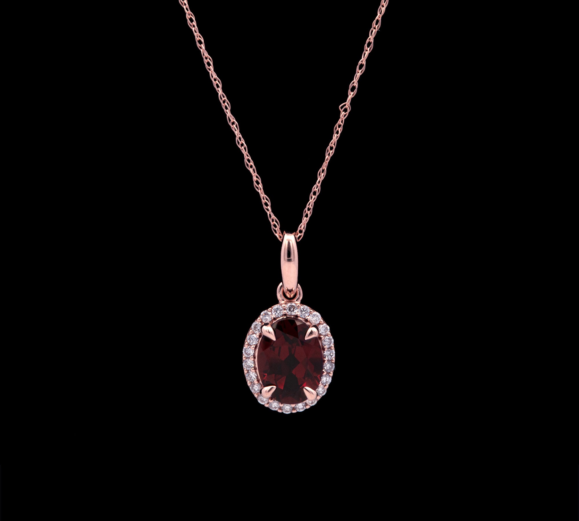 14K Rose Gold Garnet And Diamond Halo Pendant With 19 Inch Chain