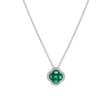 18K White Gold Emerald And Diamond Clover Pendant With 16 Inch Cable Chain