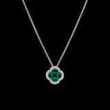 18K White Gold Emerald And Diamond Clover Pendant With 16 Inch Cable Chain