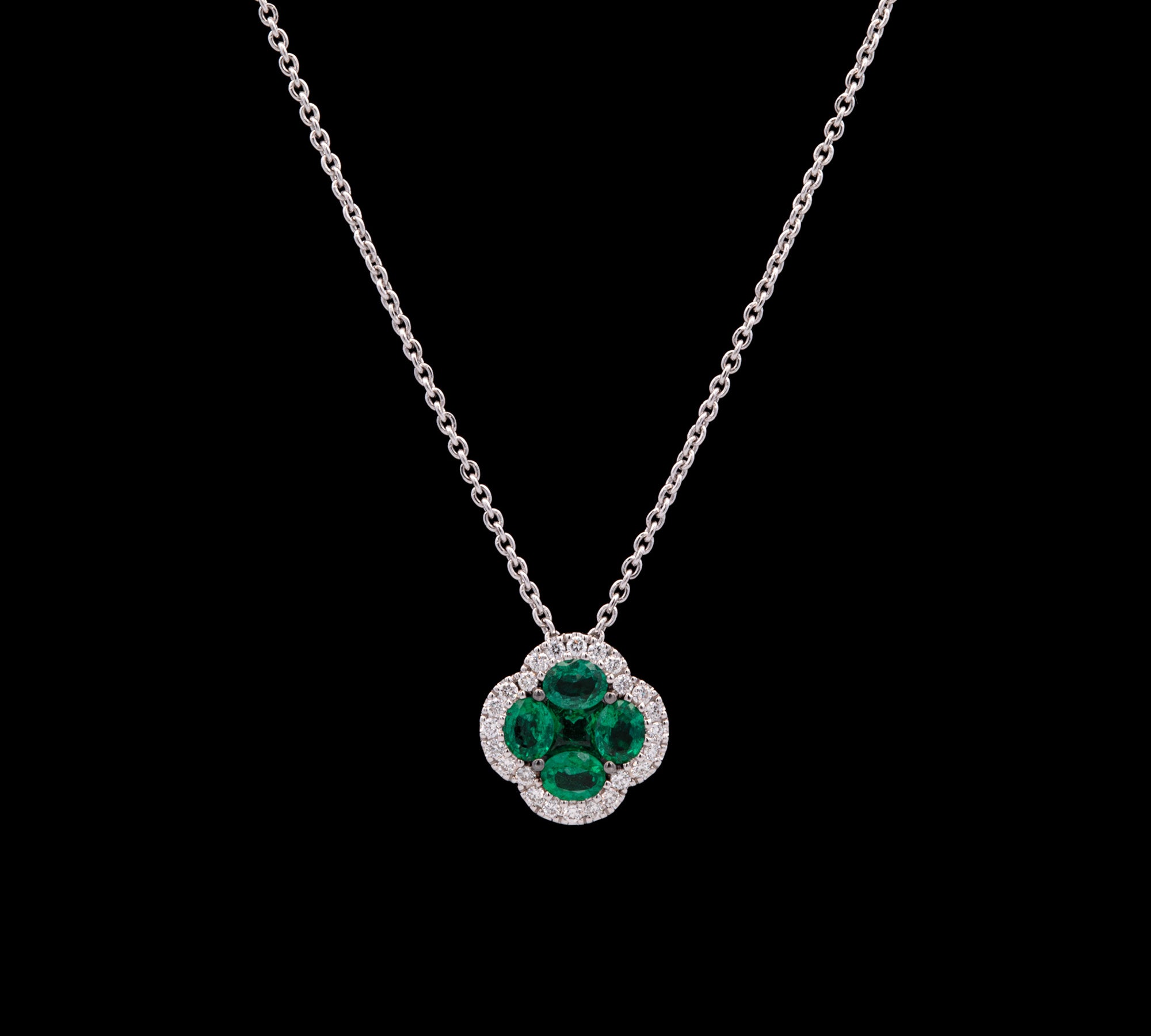 18K White Gold Emerald And Diamond Clover Pendant With 16 Inch Cable Chain