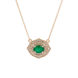14K White Gold Emerald And Diamond Halo Necklace, 18 Inches
