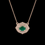 14K White Gold Emerald And Diamond Halo Necklace, 18 Inches