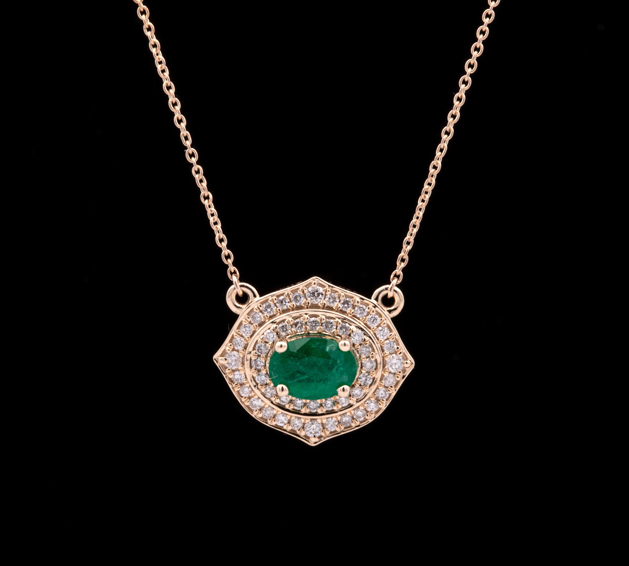 14K White Gold Emerald And Diamond Halo Necklace, 18 Inches