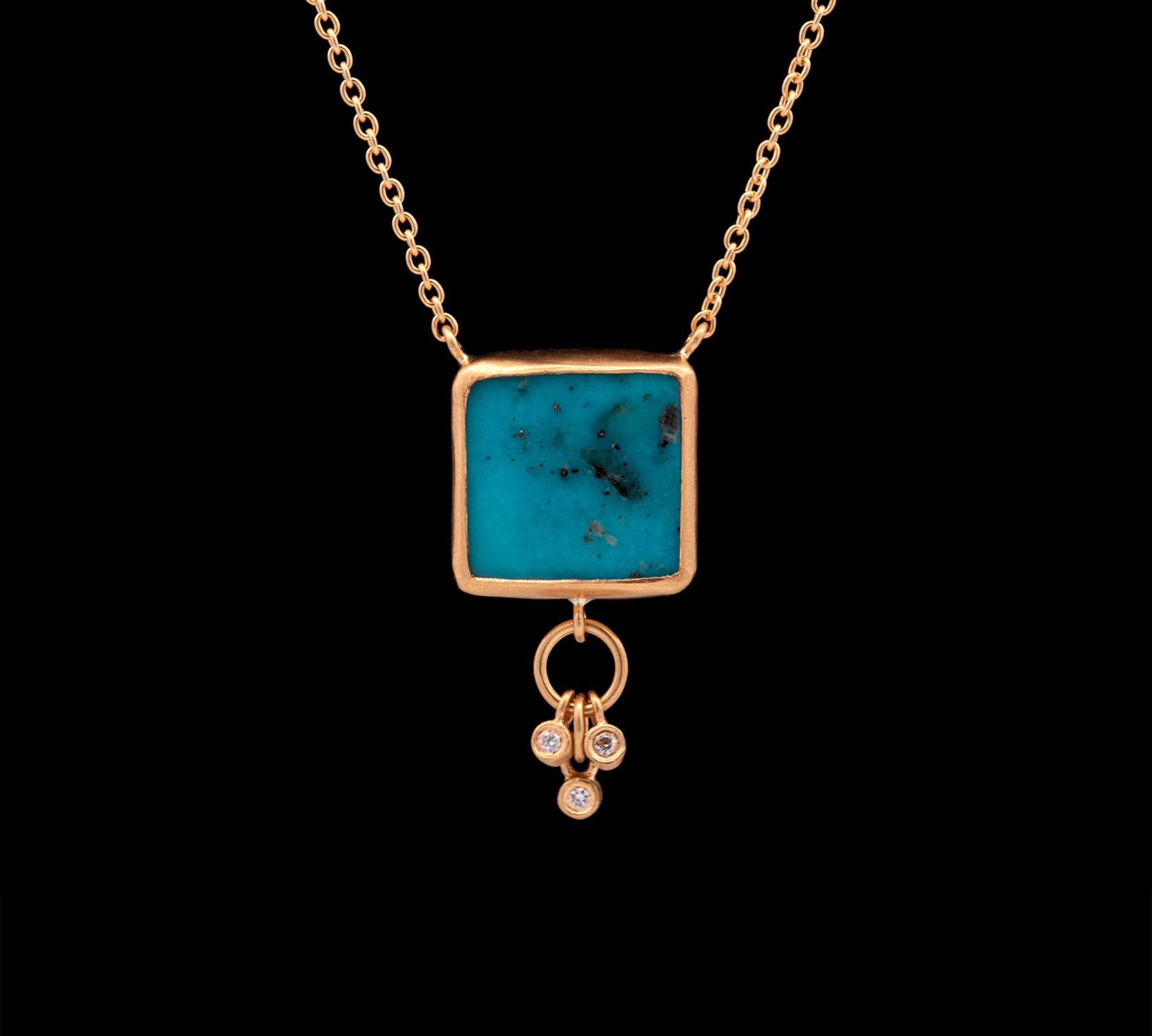 18K And 24K Yellow Gold Square Bezel Set Turquoise Necklace With Diamond Accents