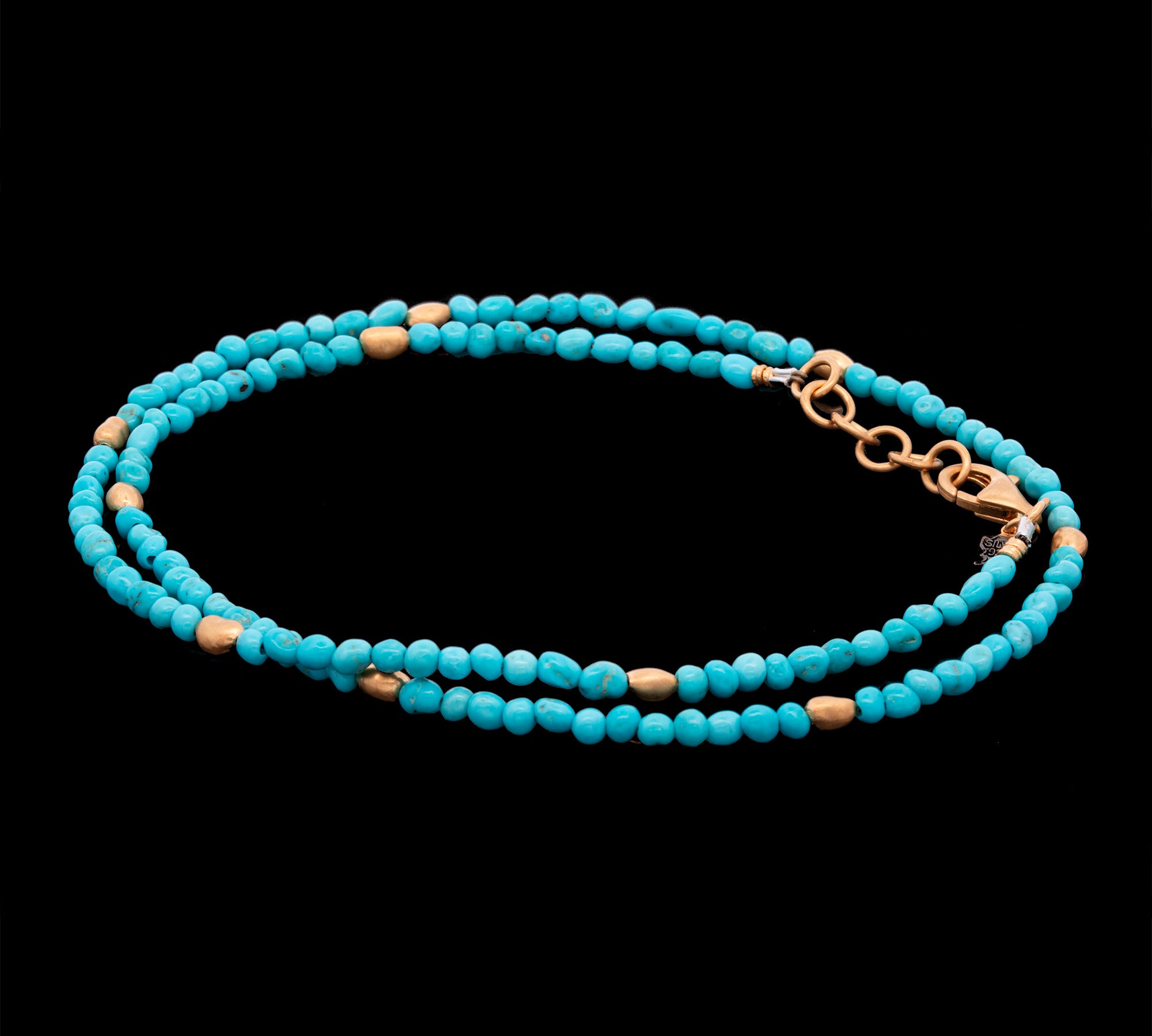 24K Yellow Gold And Sterling Silver Turquoise And Gold Bead Necklace, 18 Inches