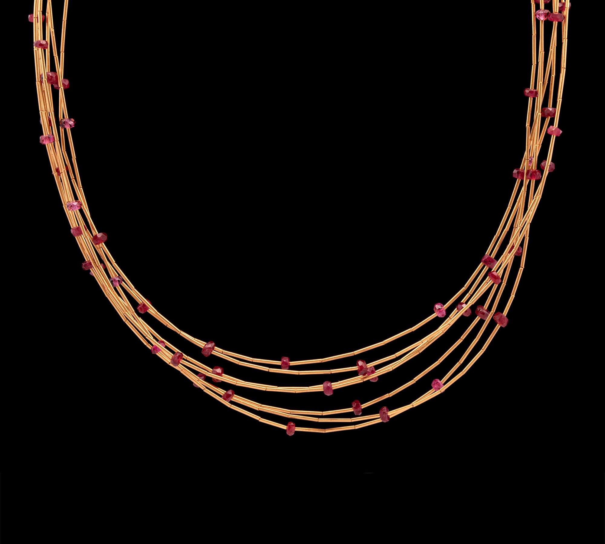 24K, 18K Yellow Gold And Sterling Silver Multi Strand Ruby And Gold Bead Necklace