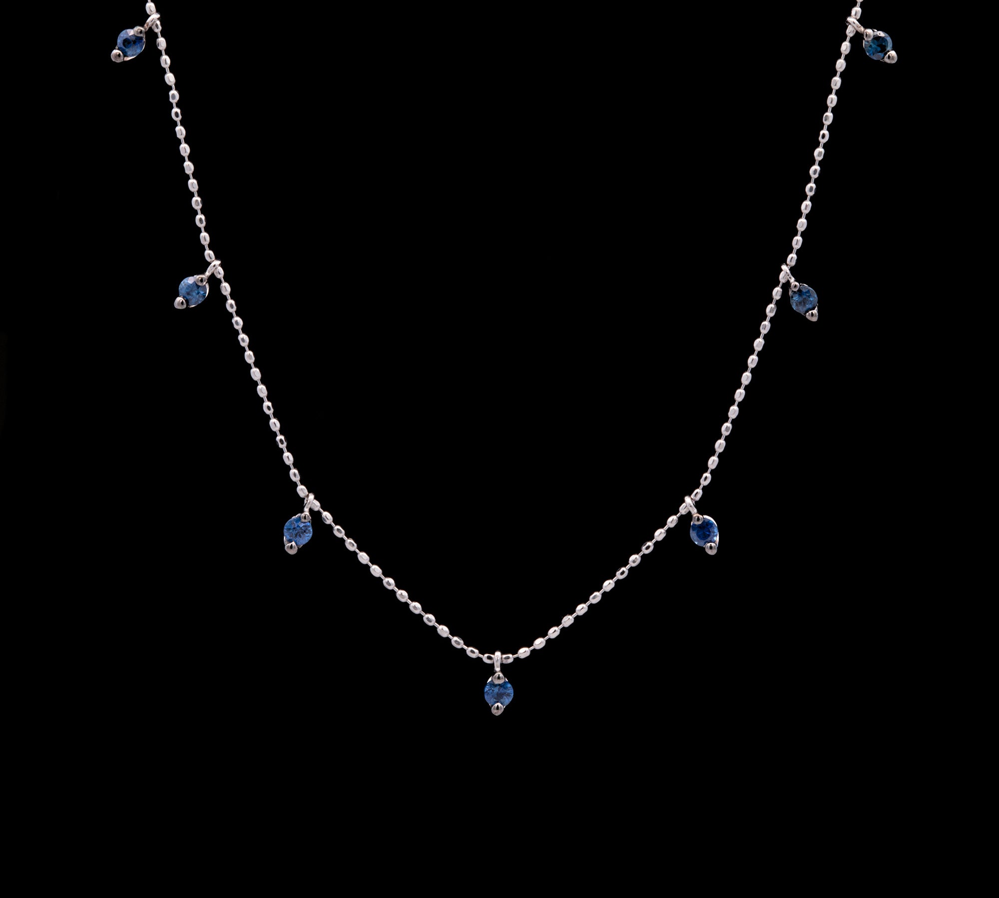 14K White Gold Sapphire Dangle Station Necklace With Adjustable Chain
