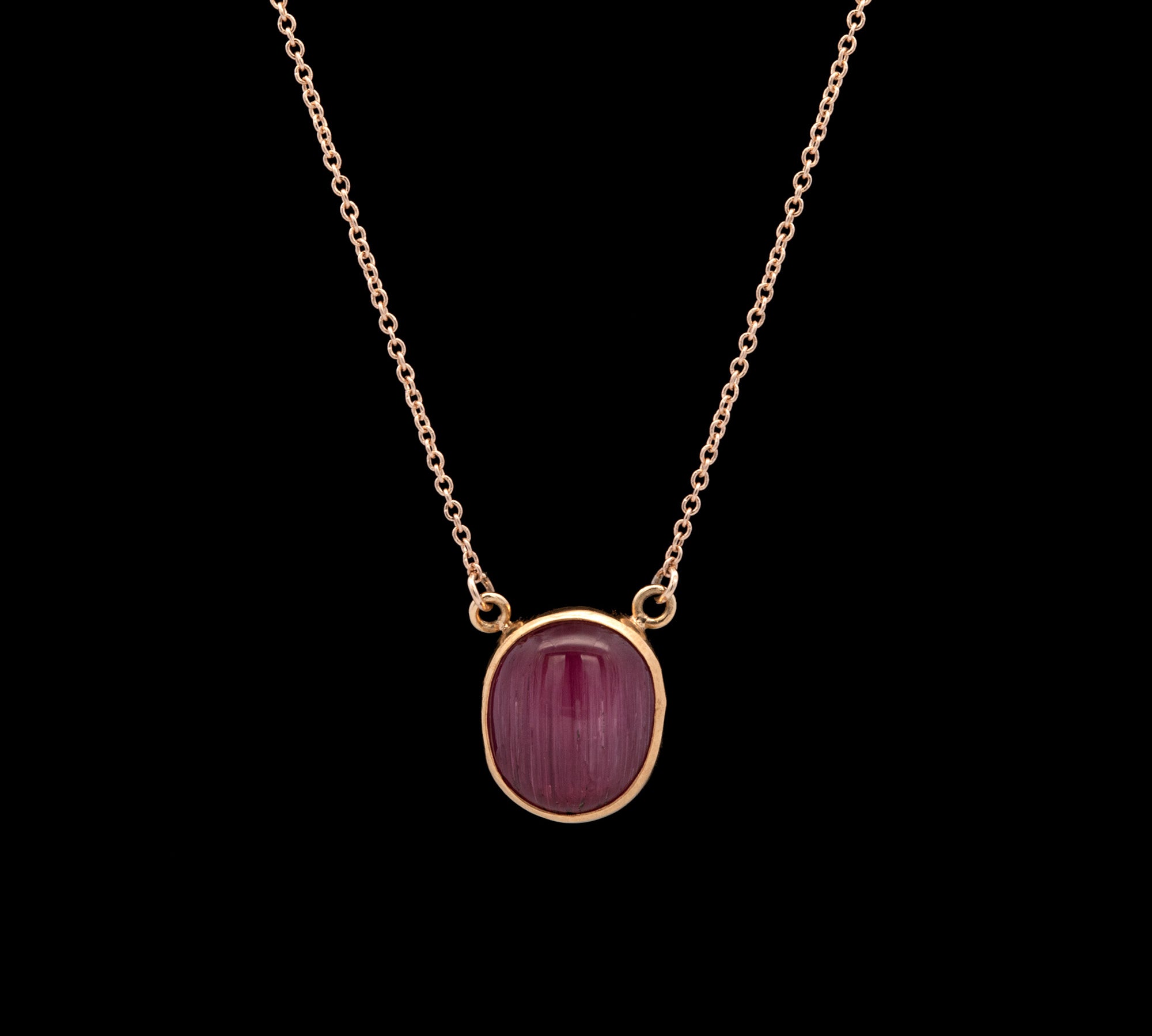 14K Yellow Gold Red Oval Cabochon Cat's Eye Tourmaline Necklace, 18 Inches