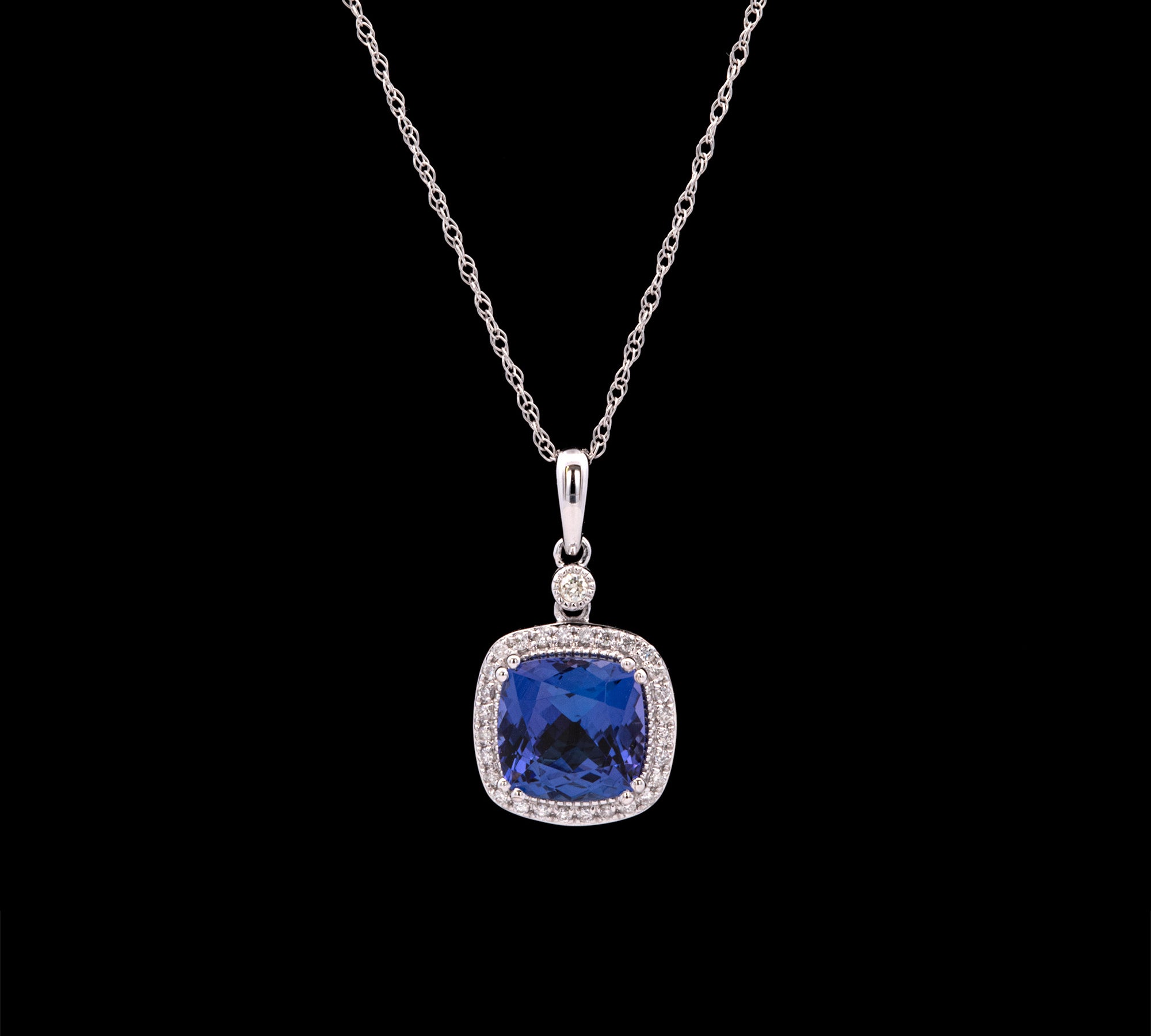 14K White Gold Tanzanite And Diamond Halo Pendant With 18 Inch Chain
