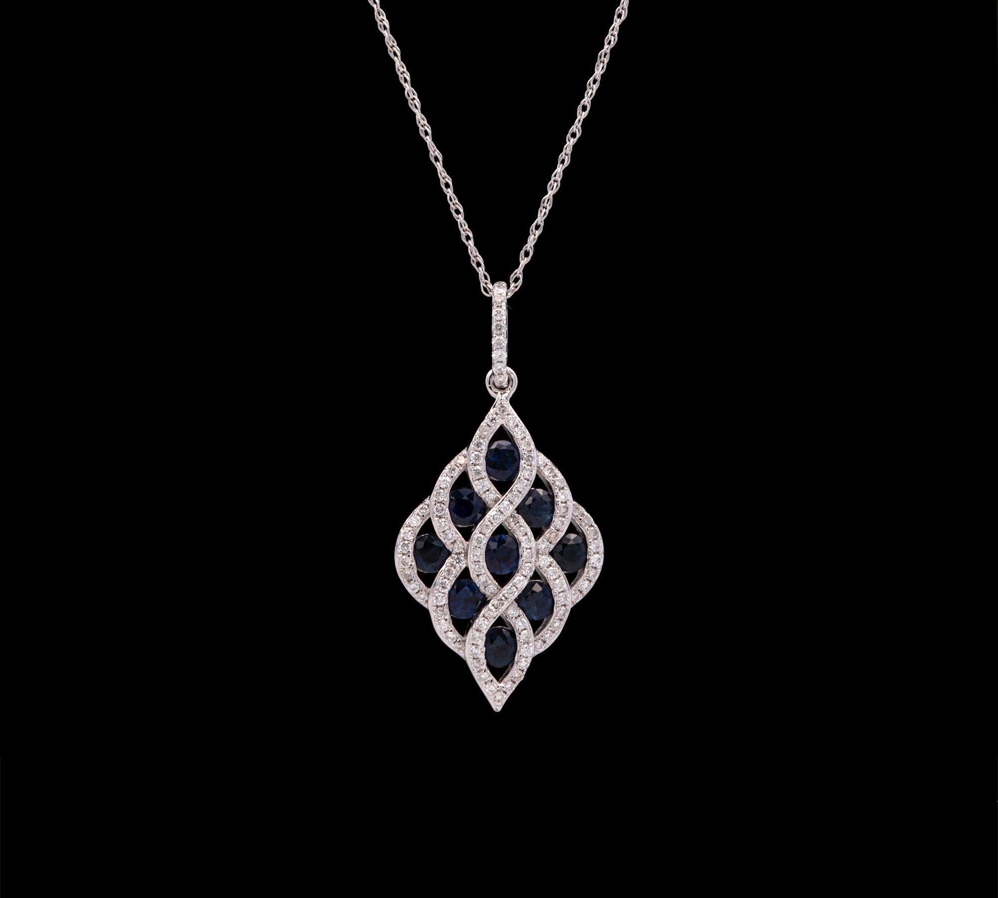 14K White Gold Sapphire And Diamond Woven Pendant With 18 Inch Chain