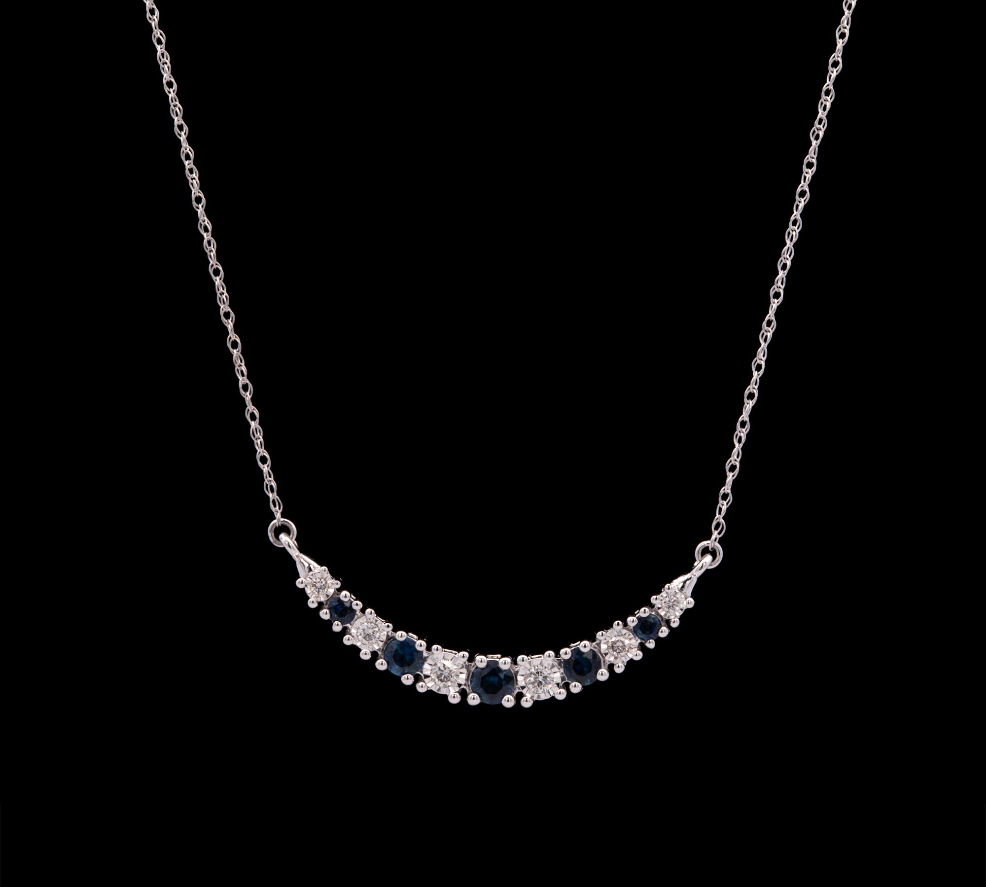 14K White Gold Sapphire And Diamond Crescent Necklace, 18 Inches