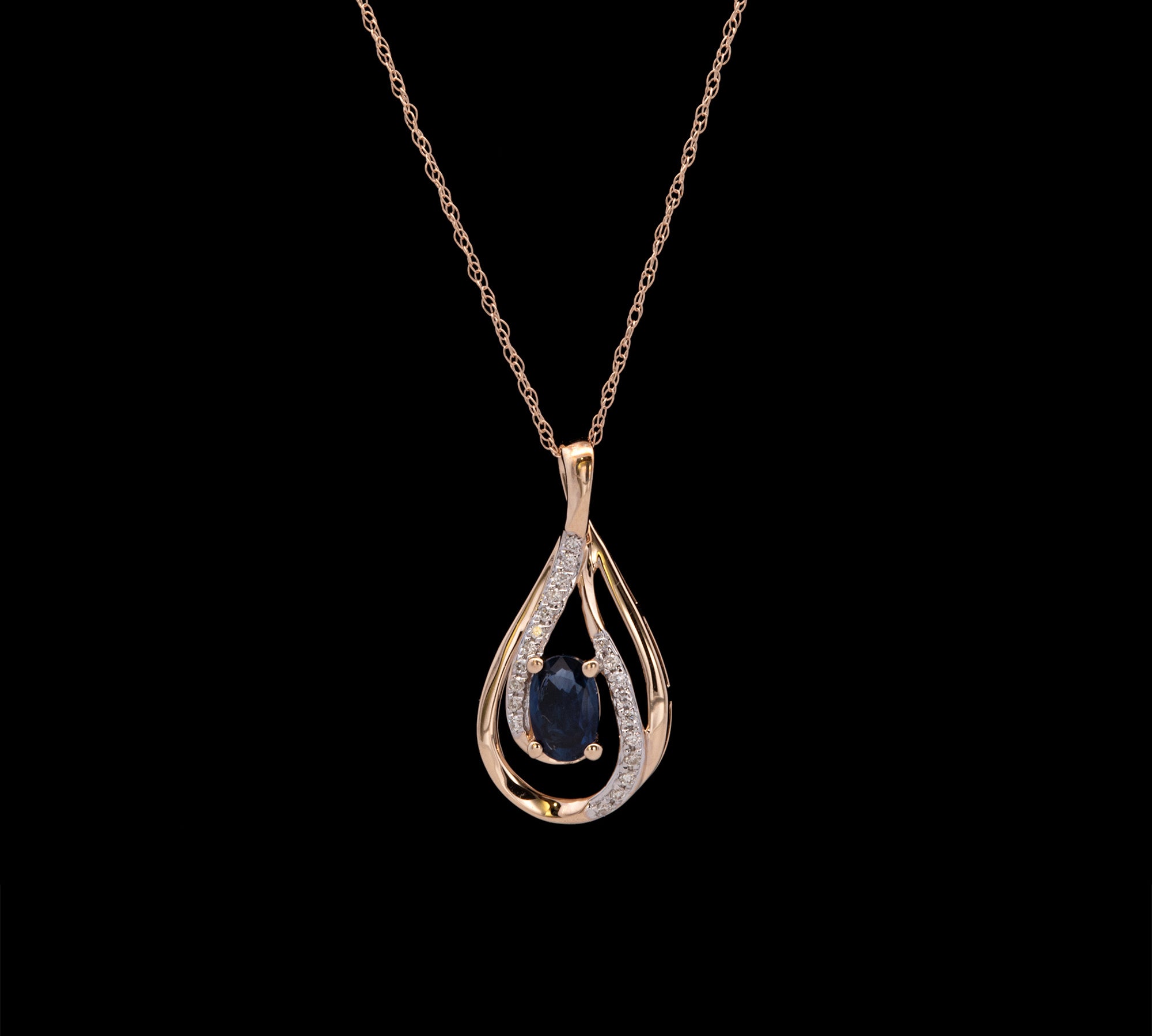 14K Yellow Gold Sapphire And Diamond Teardrop Pendant With 18 Inch Chain