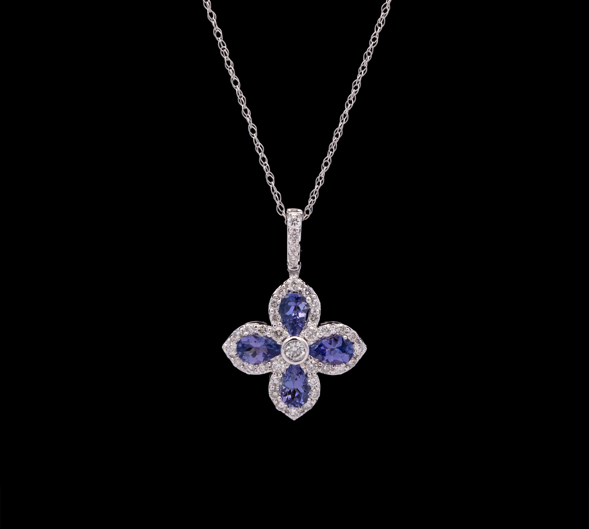 14K White Gold Tanzanite And Diamond Floral Pendant With 18 Inch Chain