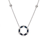 14K White Gold Sapphire And Diamond Circle Necklace with 18 Inch Diamond Station Chain