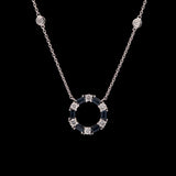 14K White Gold Sapphire And Diamond Circle Necklace with 18 Inch Diamond Station Chain