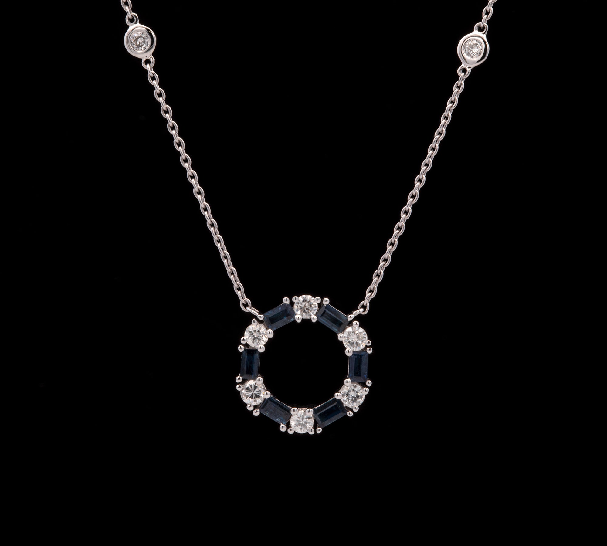 14K White Gold Sapphire And Diamond Circle Necklace with 18 Inch Diamond Station Chain