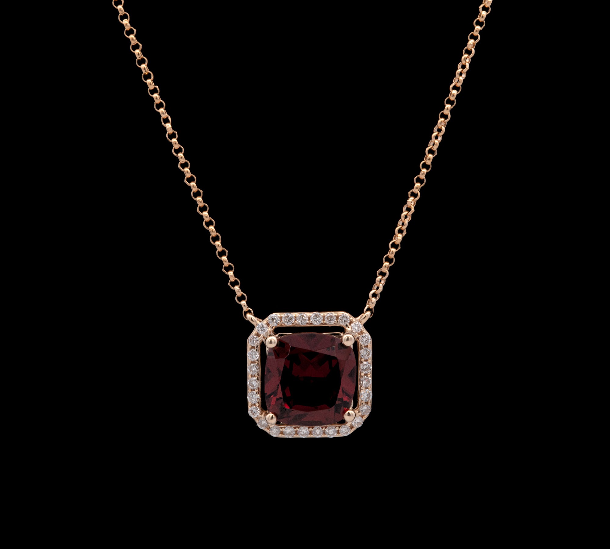 14K Yellow Gold Garnet And Diamond Halo Necklace