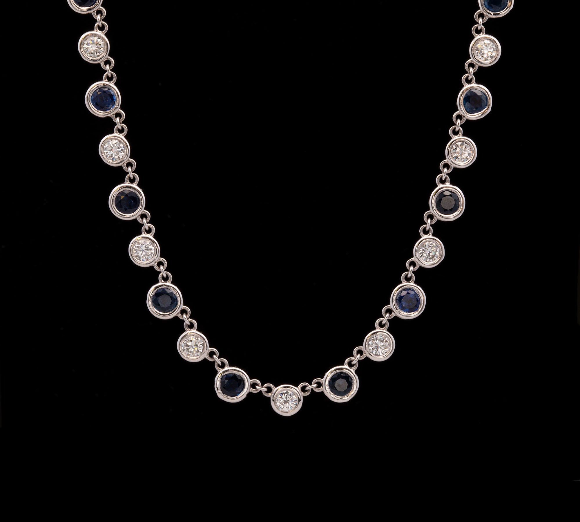 14K White Gold Bezel Set Sapphire And Diamond Station Necklace