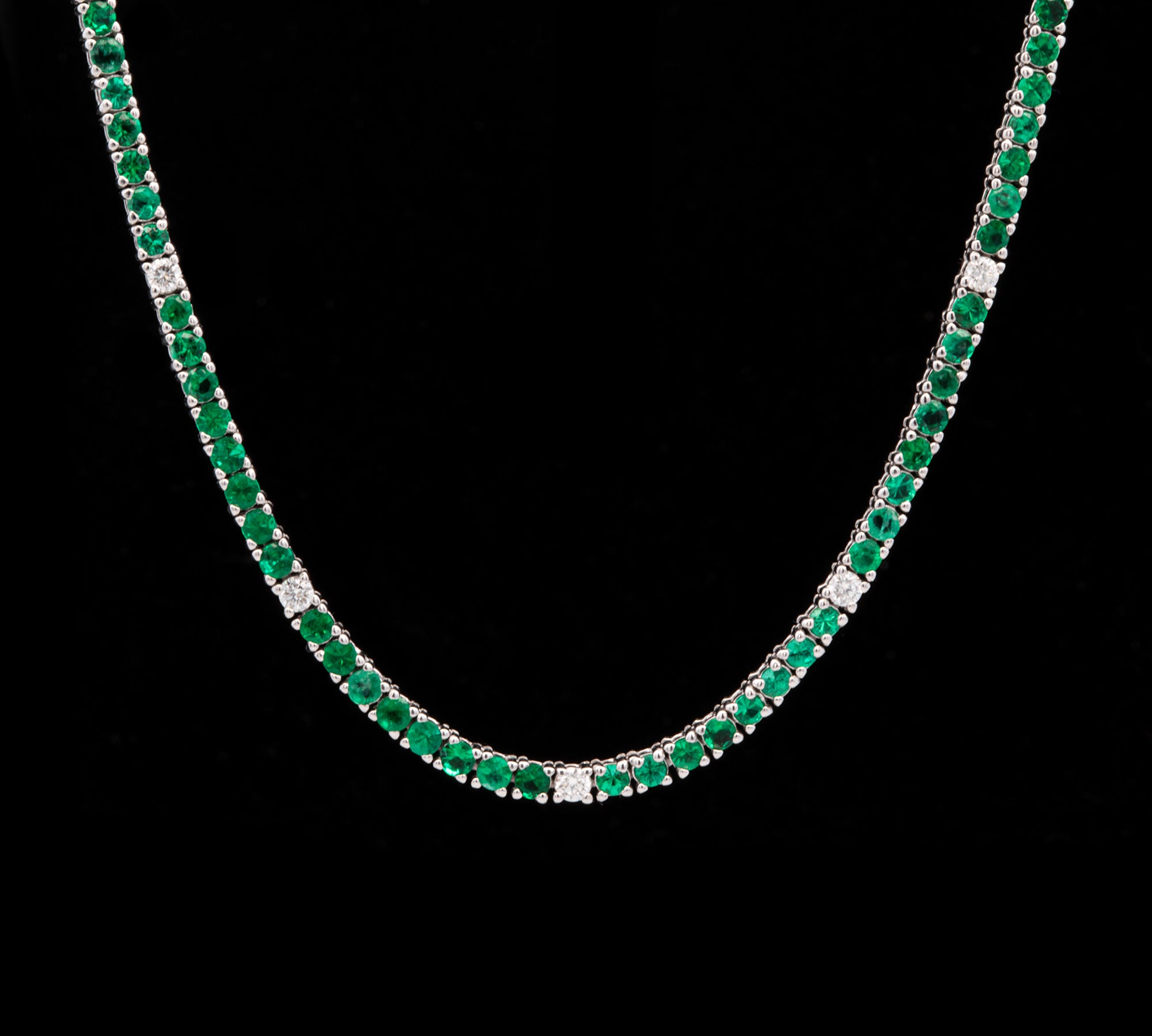 14K White Gold Emerald And Diamond Line Necklace, 18 Inches