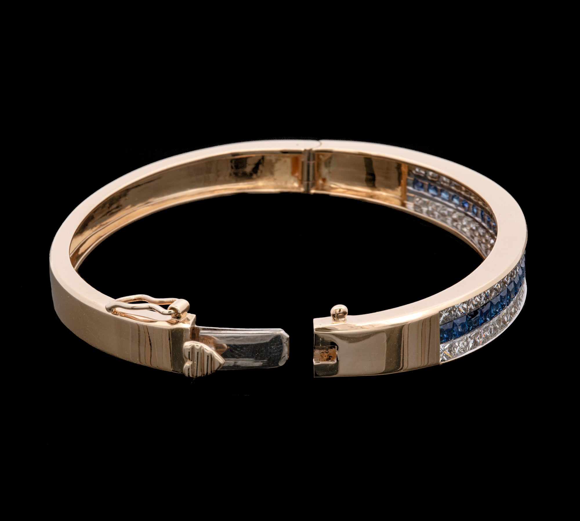 18K Yellow Gold Diamond And Sapphire Three-Row Bangle Bracelet