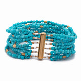 24K Yellow Gold Twelve Row Turquoise And Gold Bead Bracelet, 7.5 Inches