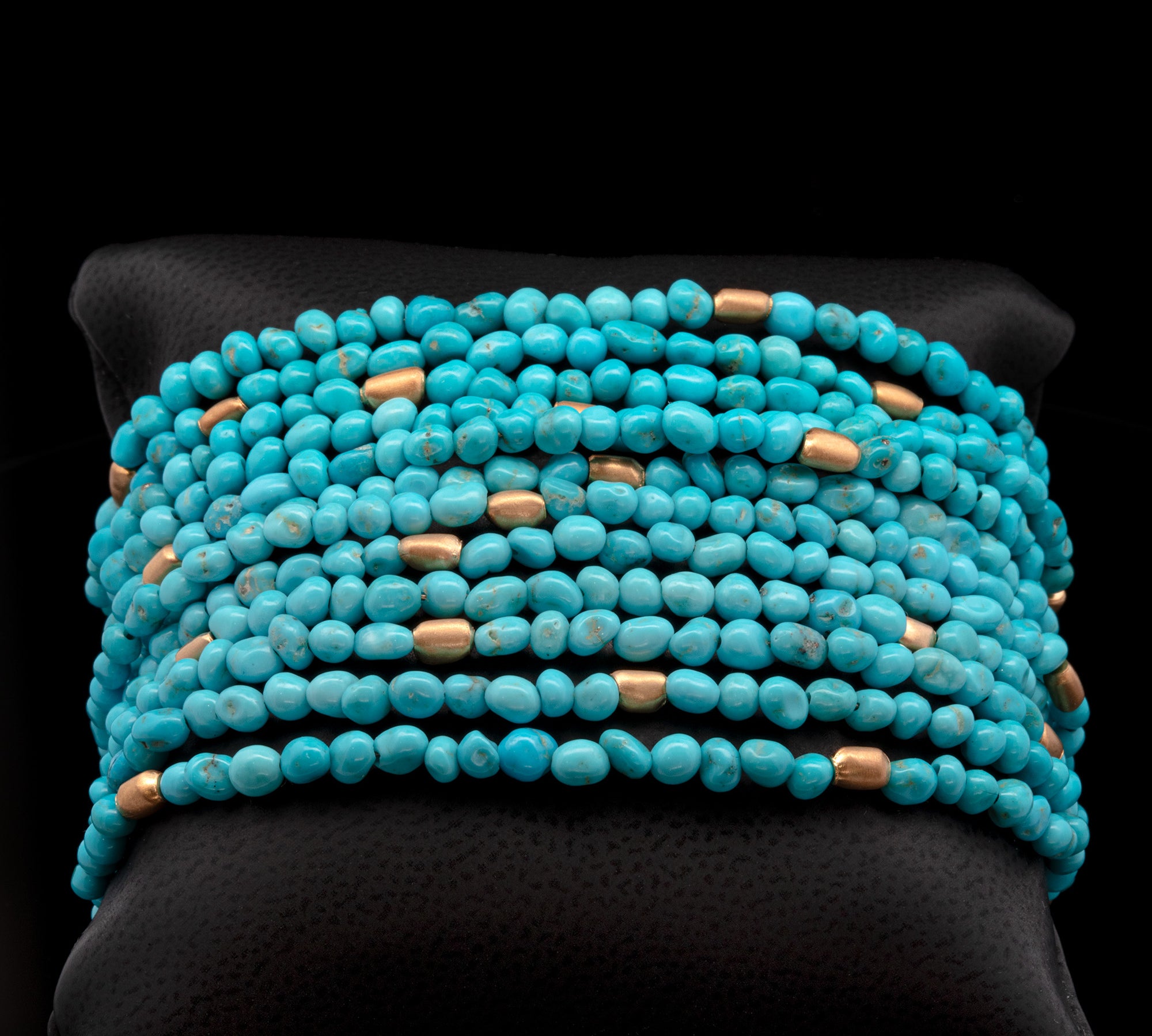 24K Yellow Gold Twelve Row Turquoise And Gold Bead Bracelet, 7.5 Inches