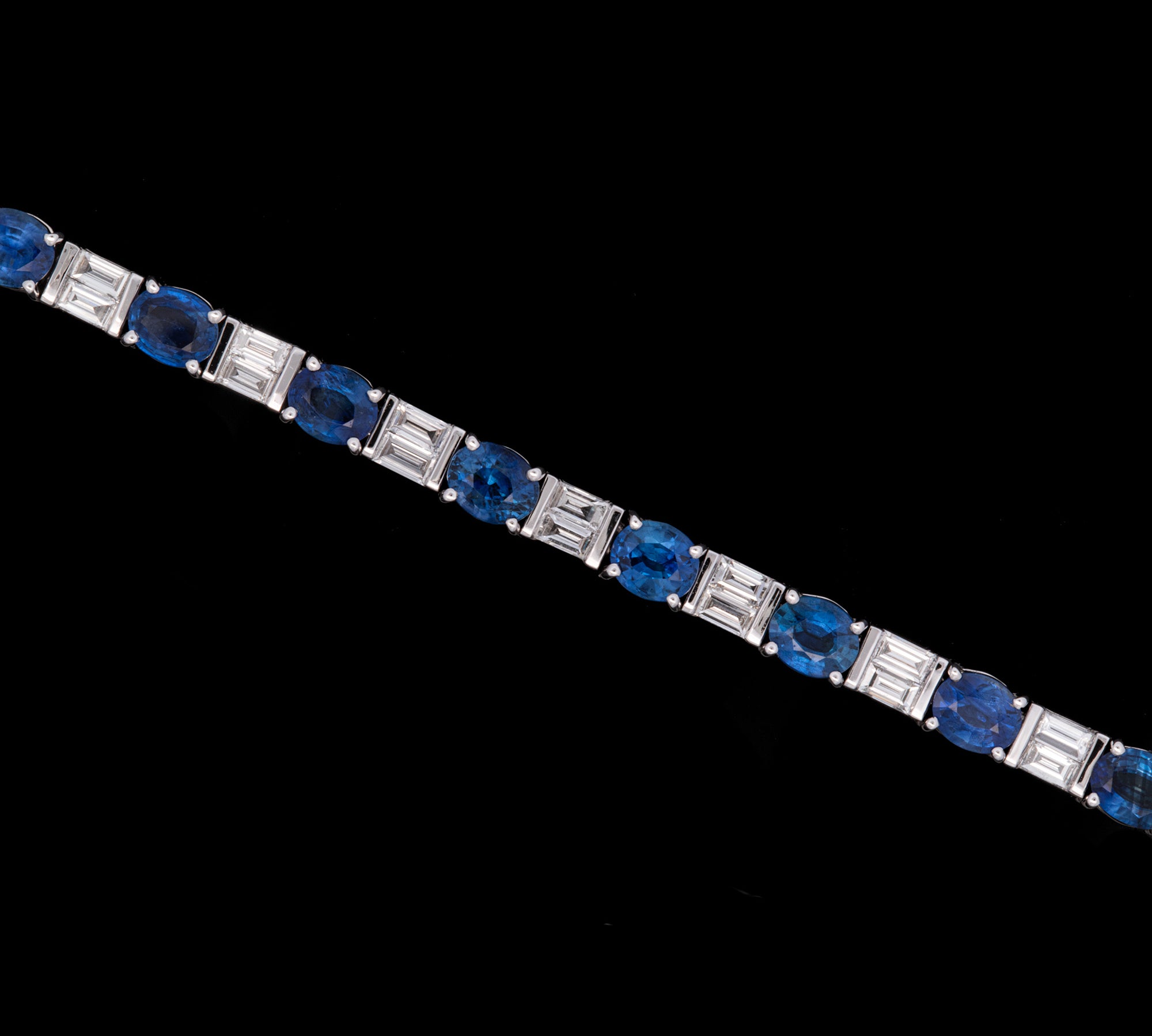 18K White Gold Oval Sapphire And Baguette Diamond Bracelet