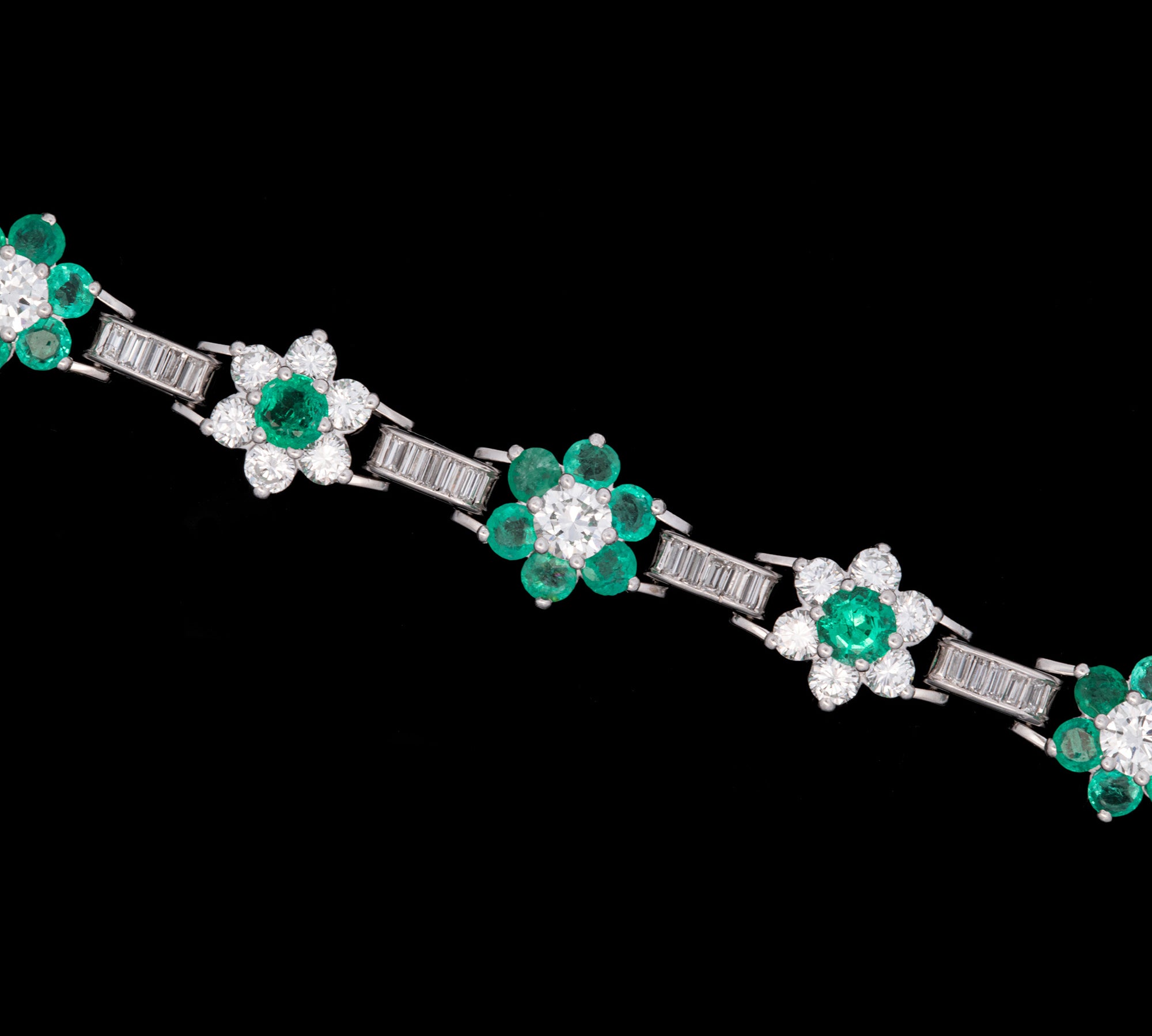 Platinum Emerald And Diamond Floral Cluster Bracelet