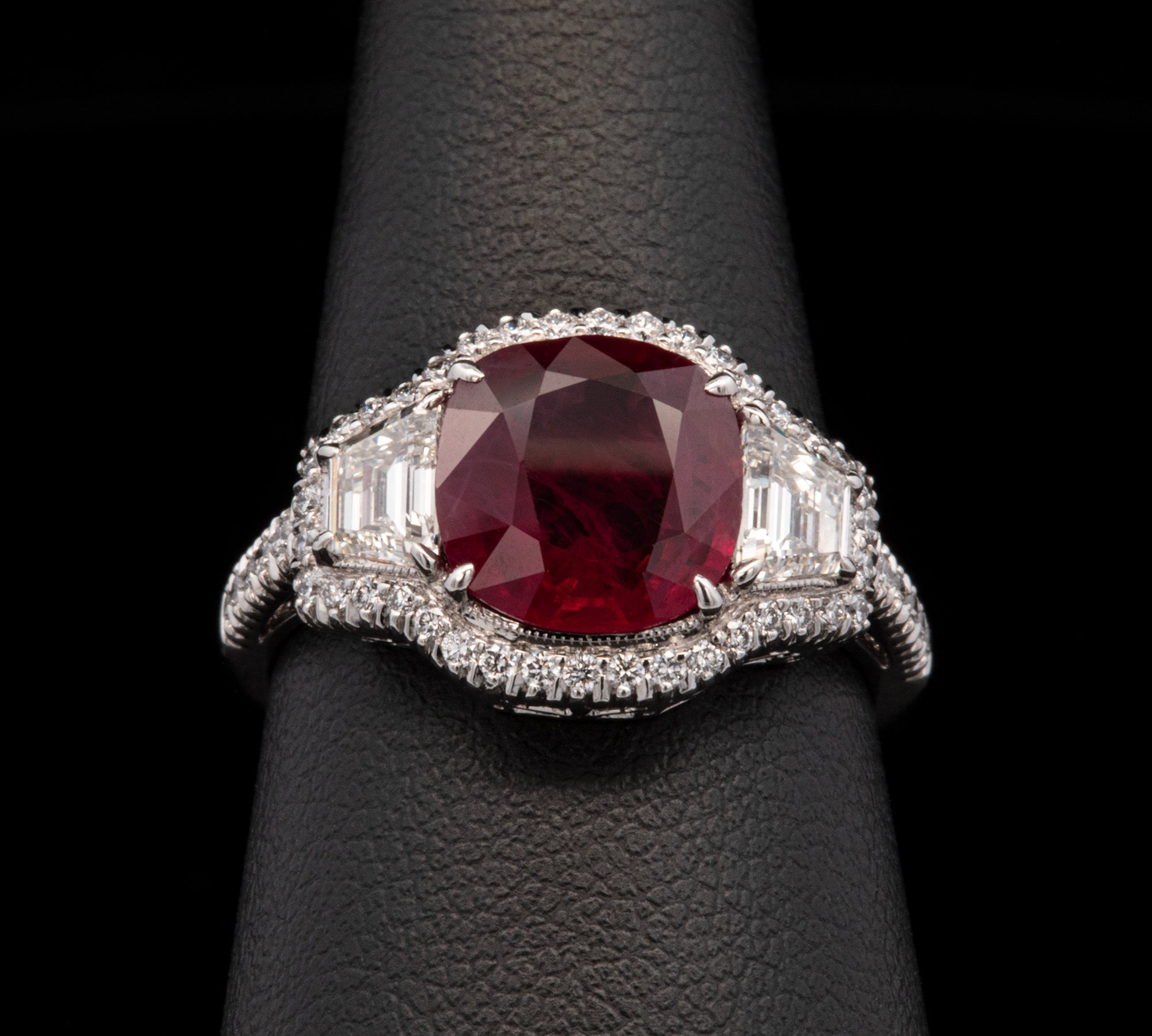 Platinum Cushion Cut Ruby And Diamond Halo Ring