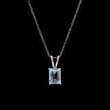 14K White Gold Step Cut Aquamarine Pendant With Rabbit Ear Bail And 16 Inch Cable Chain