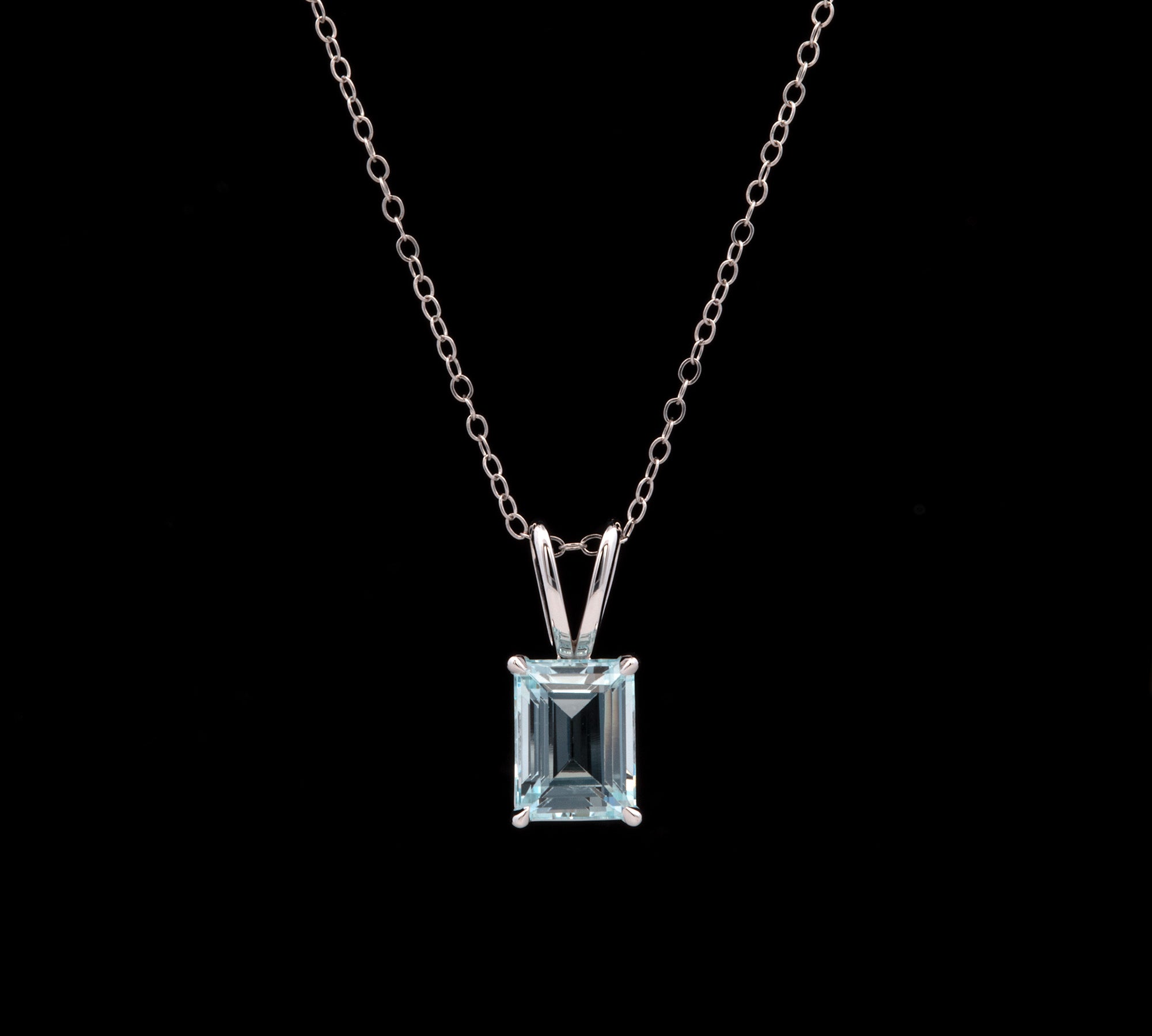 14K White Gold Step Cut Aquamarine Pendant With Rabbit Ear Bail And 16 Inch Cable Chain